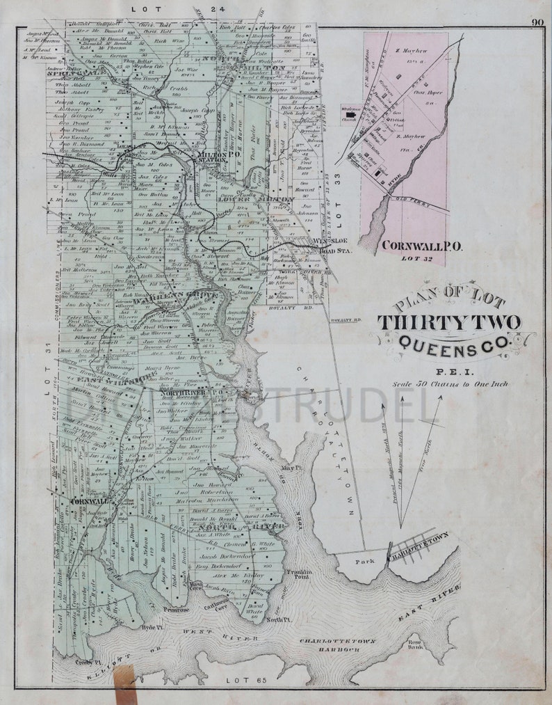 1880 Antique Map of Prince Edward Island Lot 32 Queens County Rare PEI