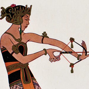 May include: Illustration of a woman in traditional attire, aiming a crossbow. She wears a black and orange dress, ornate headwear, and armbands. The crossbow is black with red string and decorative tassels.