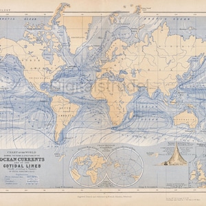 May include: A vintage world map depicting ocean currents and cotidal lines. The map is printed in blue and white on a cream-colored background. The map includes the text "Chart of the World Showing the Forms & Directions of the Ocean Currents and of the Cotidal Lines."