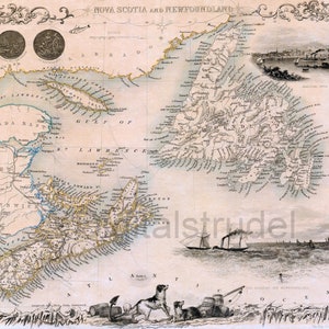 Carte illustrée de 1851 de la Nouvelle-Écosse et de Terre-Neuve - Carte de John Tallis - TÉLÉCHARGEMENT NUMÉRIQUE
