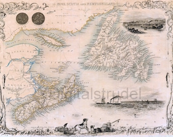 1851年ノバスコシア州とニューファンドランド島の絵入り地図 - ジョン