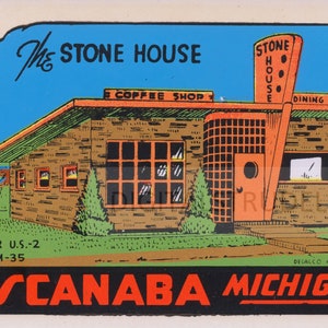 1950s Vintage Decal of The Stone House - Escanaba, Michigan - Water Decal / Retro Travel Sticker - DIGITAL DOWNLOAD
