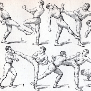 Puede incluir: Una ilustración en blanco y negro de ocho poses diferentes de artes marciales. Las poses están numeradas del 1 al 8.
