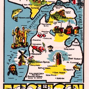 Calcomanía de agua RARE de la década de 1950 - Mapa de Michigan - Calcomanía / recuerdo de viaje retro vintage - DESCARGA DIGITAL
