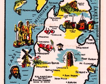 1950s RARE Water Decal - Michigan Map - Vintage Retro Travel Decal / Souvenir - DIGITAL DOWNLOAD