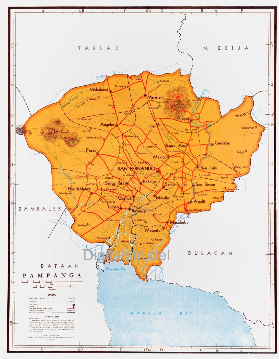 1959 Vintage Map Of Pampanga Province Philippines 11 X 14 Inch High Il K4xv 