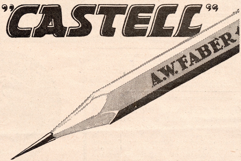 May include: A black and white image of a pencil with the text "Castell" and "A.W. Faber" printed on it.