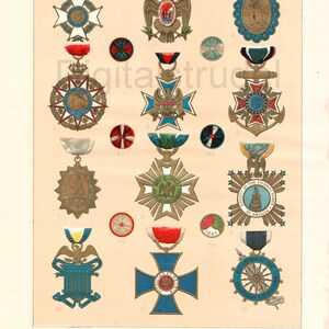 May include: An illustration of various badges and rosettes of patriotic societies, including the Sons of the American Revolution and the Society of the Cincinnati. The badges feature intricate designs with red, blue, gold, and white accents.
