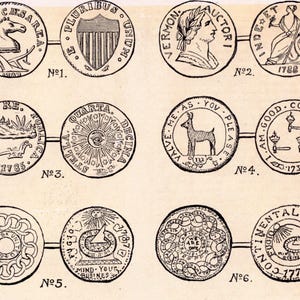 May include: A black and white illustration of six different coins. The coins feature various designs, including a horse, a shield, a deer, and a sun with an eye. The coins are labeled with numbers 1 through 6.