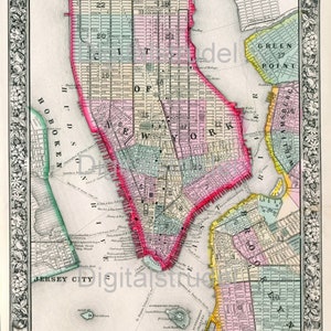 1864 Antique Map of New York City - Mitchell Map - Manhattan - DIGITAL DOWNLOAD
