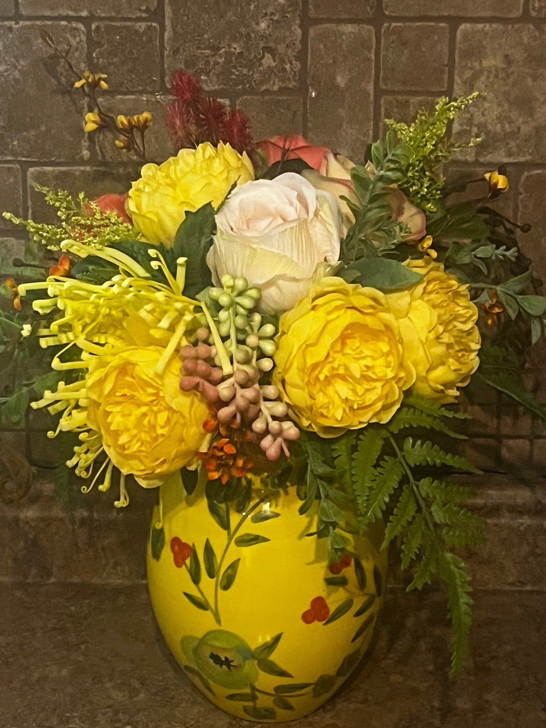 Yellow Blossom Permanent Rose Peony Faux Floral Arrangement in Floral