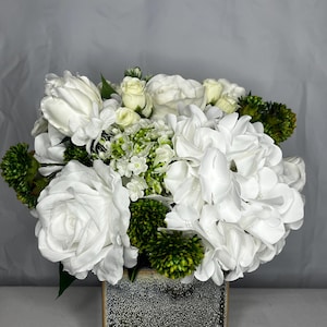 Hydrangeas and Rose Real Touch and Faux Floral Arrangement. Real Touch Hydrangeas in Vase. Faux Roses in Vase. White Floral Centerpiece