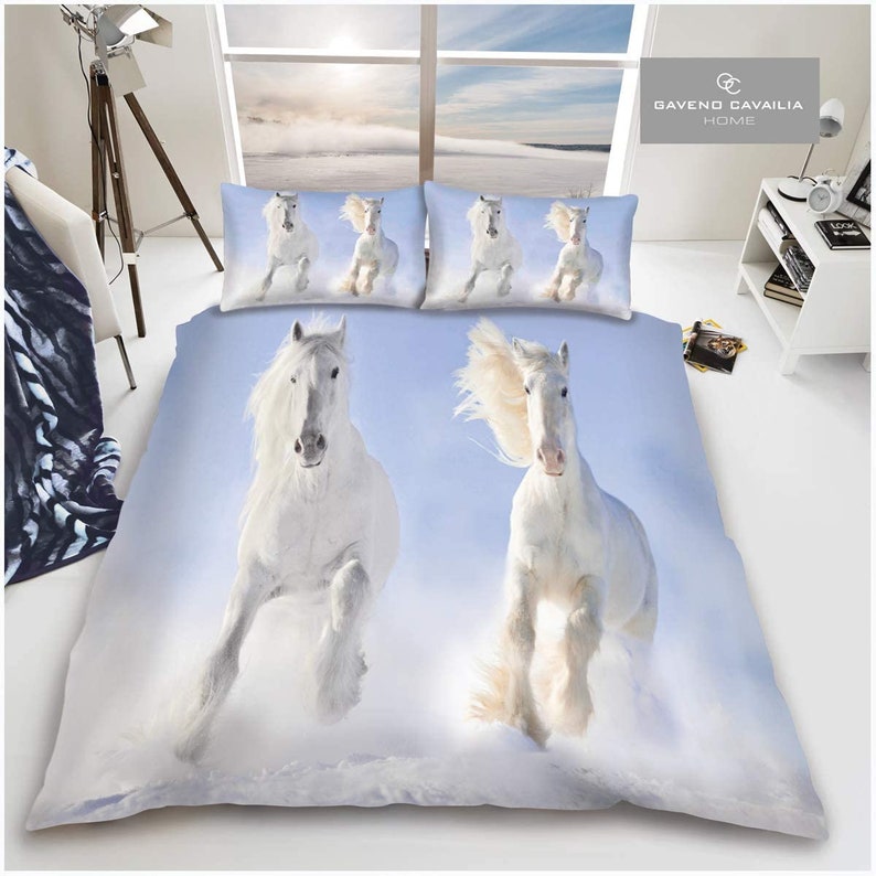 Luxury 3D Effect White Horse Duvet Cover with Matching Pillow Case Bedding Set