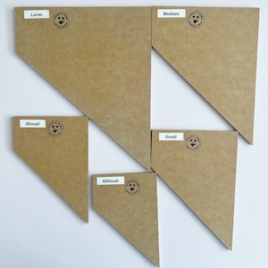 May include: Five different sizes of brown triangle-shaped wooden signs with the text "XXSmall", "XSmall", "Small", "Medium", and "Large" printed on them. Each sign has a black panda logo with the text "Doodle Panda Creations" printed on it.