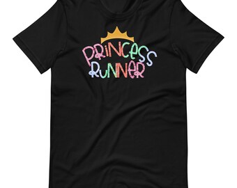 May include: Black t-shirt featuring a colourful graphic design that reads "Princess Runner" with a gold crown above the text.
