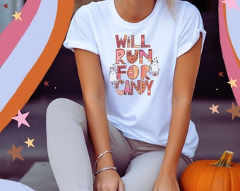 Will Run for Candy T-Shirt, Halloween Running Costume, Spooky Season Shirt, Teacher Halloween Shirt