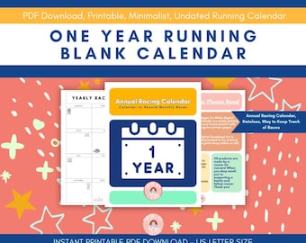 Minimalist Runner Year Long Race Tracking Calendar, Running Goals, Digital Download Running Log