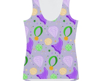 May include: A purple tank top with a repeating pattern of purple hats, green gems, yellow stars, and diamond shapes. The background is a light purple color.