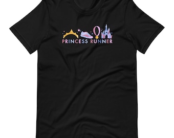 May include: Black t-shirt featuring a pink, blue and gold graphic of a crown, running shoe, medal and castle. The text "Princess Runner" is printed below the graphic.