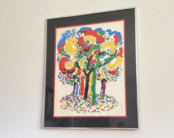 Vintage Ronald Julius Christensen Colorful Trees Framed Lithograph, Vintage Framed Print Serigraph