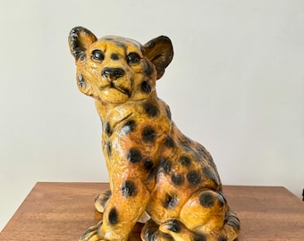 Unique 15" Tall Panther Cub Ceramic Like Figurine, Vintage Plaster Hand Painted Panther Cub