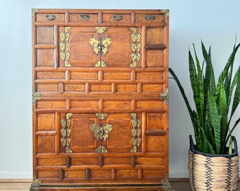 Early 20th Century Korean Tansu Wedding Two Part Cabinet With Butterfly Hardware