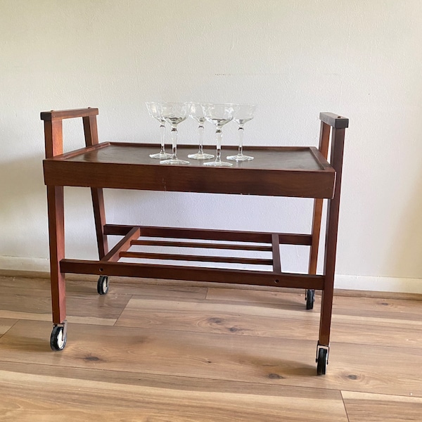 Mid Century Wood Cart on Wheels, Vintage Retro Bar Cart , Vintage Wooden Trolley with Two Tiers