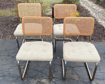 A Pair of Mid Century Modern Cane Upholstered Chairs, Vintage Cane Cesca Style Chrome Cantilever Chairs