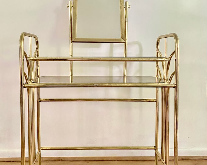 Vintage Brass and Glass Vanity Table, Makeup Table With Mirror, Gold