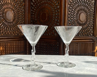 Set of 2 Vintage Asymmetrical  Stem Martini Glasses, Postmodern  Stemmed Margarita Glasses,