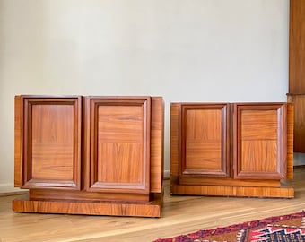 A pair of Mid Century Modern Two Door Sculpted Nightstands With Drawers