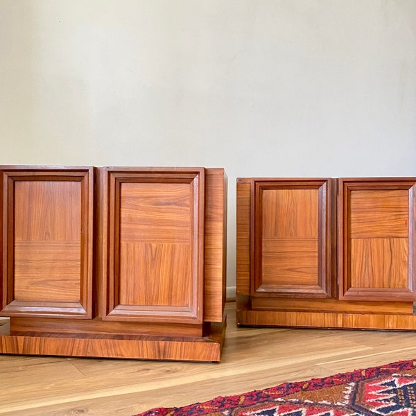 A pair of Mid Century Modern Two Door Sculpted Nightstands With Drawers