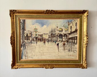 1960s Framed Vintage Italian Oil Painting of a Scene in Venice Signed Rauni