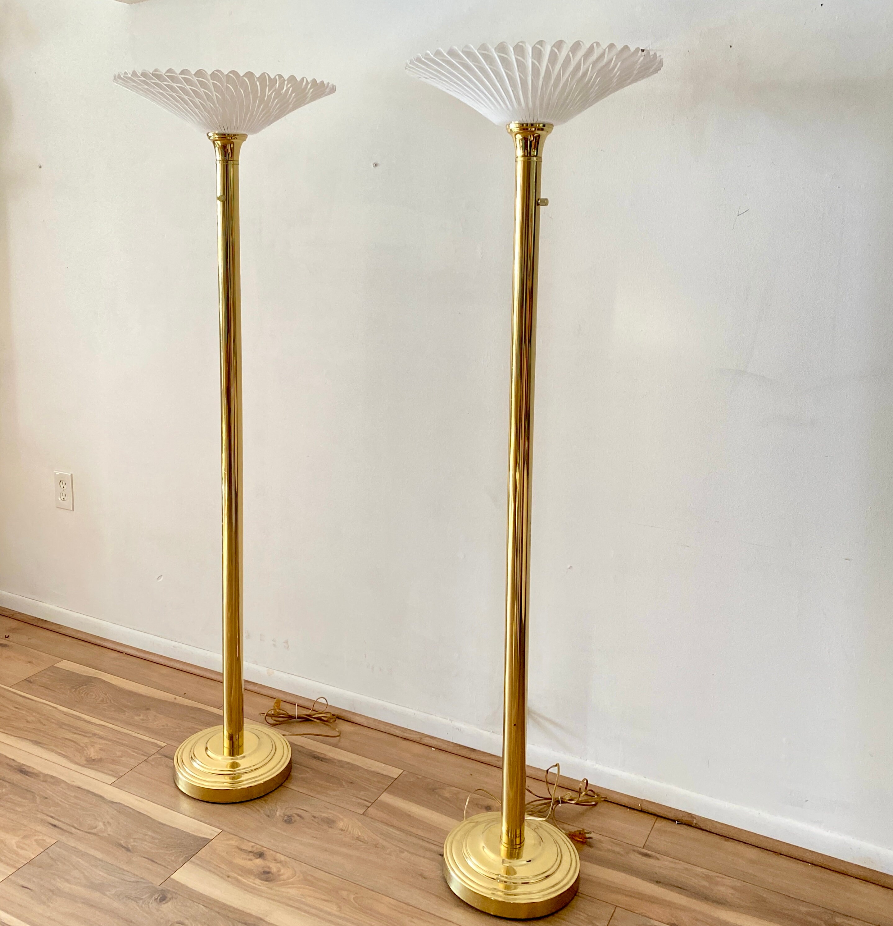 Brass Torchiere Floor Lamp With Fanned Shade Hollywood Regency
