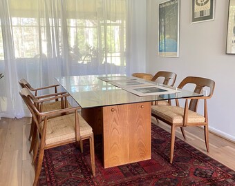 1970s Mid-Century Modern Oak Dining Table, Large Vintage Rectangle Wood and Glass Top Dining Table