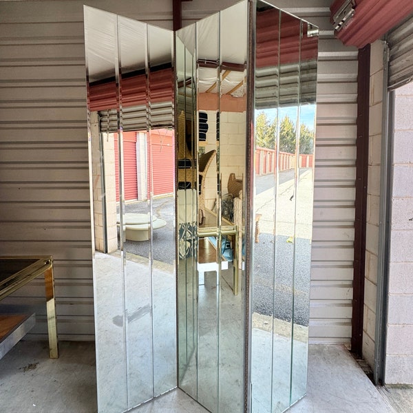 Vintage Panel Mirrored Room Divider with Beveled Glass, Large Beveled Mirrored Screen, 80's Standing Mirror Screen 2 available