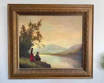 Early 20th Century Large Format Original Oil on Canvas Painting, River Scene With Couple, Signed G. Hubscher