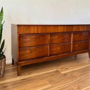 Mid century modern 9 drawer walnut lowboy dresser, MCM Chest of Drawers with Curvy Design