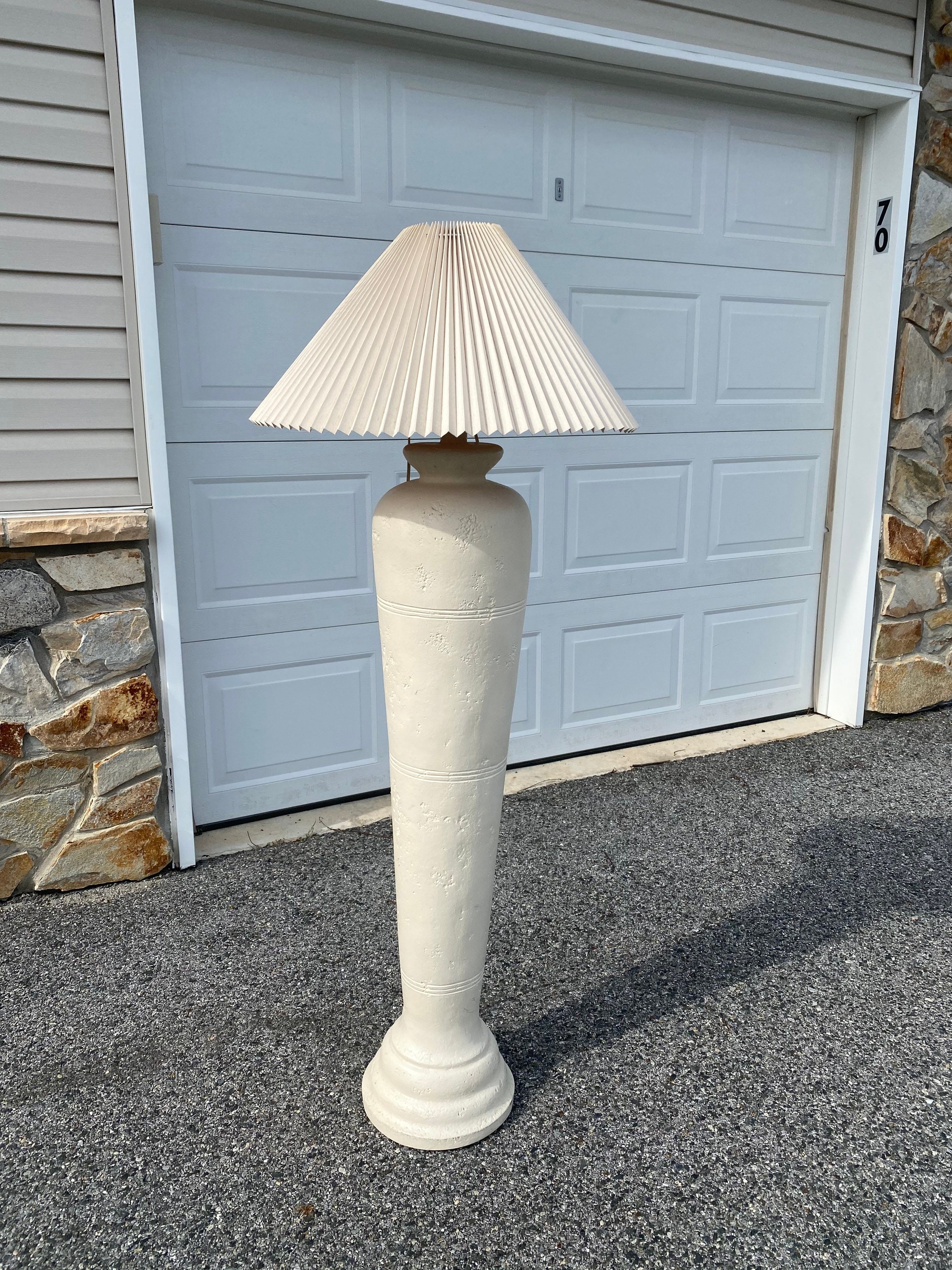 Vintage 1980s Clay Ceramic Floor Lamp With Pleated Shade Plaster