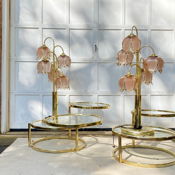 Hollywood Regency Art Deco Pink Glass Flower Lamp, Modernist Italian Vintage Mid Century Brass Etched Glass Table Floor Lamp
