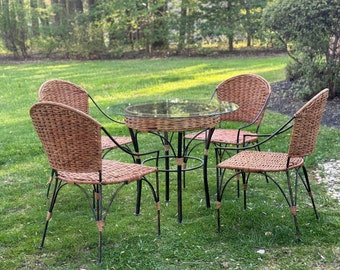 1970s Wrought Iron and Woven Wicker Patio Table & 4 Chairs