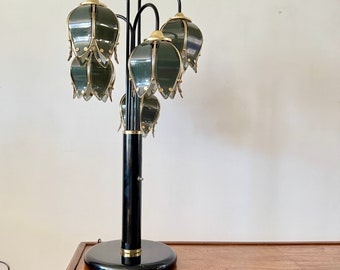 Hollywood Regency Art Deco Black Glass Flower Lamp, Modernist Italian Etched Glass Table Lotus Lamp