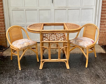 Vintage bamboo bistro table set, Mid Century bamboo rattan 3pc dining set, breakfast table and two chairs, Vintage Garden dining set