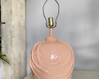 Glazed Ceramic Trompe l'oeil Cream Draped Hollywood Regency Style Lamp, Peach Ceramic Table Lamp