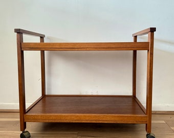 Mid Century Wood Cart on Wheels, Vintage Danish Bar Cart