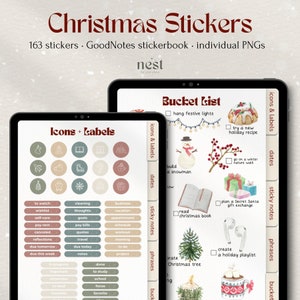 Pode incluir: Uma tela de planejador digital com adesivos temáticos de Natal. Os adesivos incluem ícones, etiquetas, datas, frases e uma lista de desejos. Os adesivos são de várias cores, incluindo vermelho, verde, branco e marrom. O texto na tela inclui "Icons + Labels", "Dates", "Sticky Notes", "Phrases", "Bucket", e "Christmas Tree".