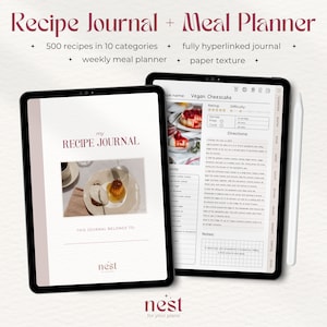 Digital Recipe Book | Paper Texture GoodNotes Meal Planner | Recipe Journal for iPad and Android | Cookbook | Grocery List | Recipe Card