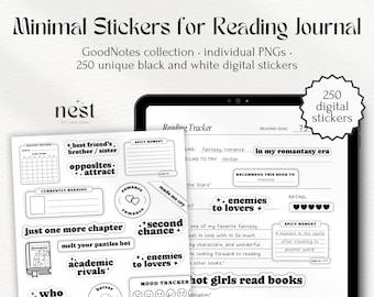 Digital Stickers for Reading Journal | Bookish GoodNotes Stickers | Widgets Tropes Genres | Minimal Stickers for Bookworm | Black and White
