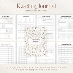 Diario di lettura stampabile / Tracker libro minimo / Diario di libro PDF / Diario di lettura raccoglitore / Download istantaneo di lettere A4 A5 / Pianificatore di libri