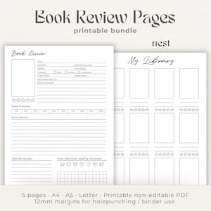 Diario de lectura imprimible / Página mínima de revisión de libros / Planificador de libros PDF / Rastreador de lectura de carpetas / Descarga instantánea de cartas A4 A5 /